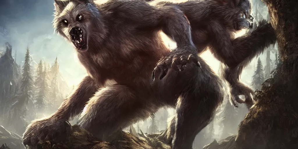 Image similar to 8k ultra realistic werewolf videogame promotional art, full of colour, cinematic lighting, trending on artstation, focused, extreme details, unreal engine 5, cinematic