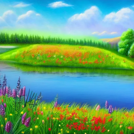 Image similar to meadow with colorful flowers and lake detailed airbrushed magical realism landscape painting 4 k