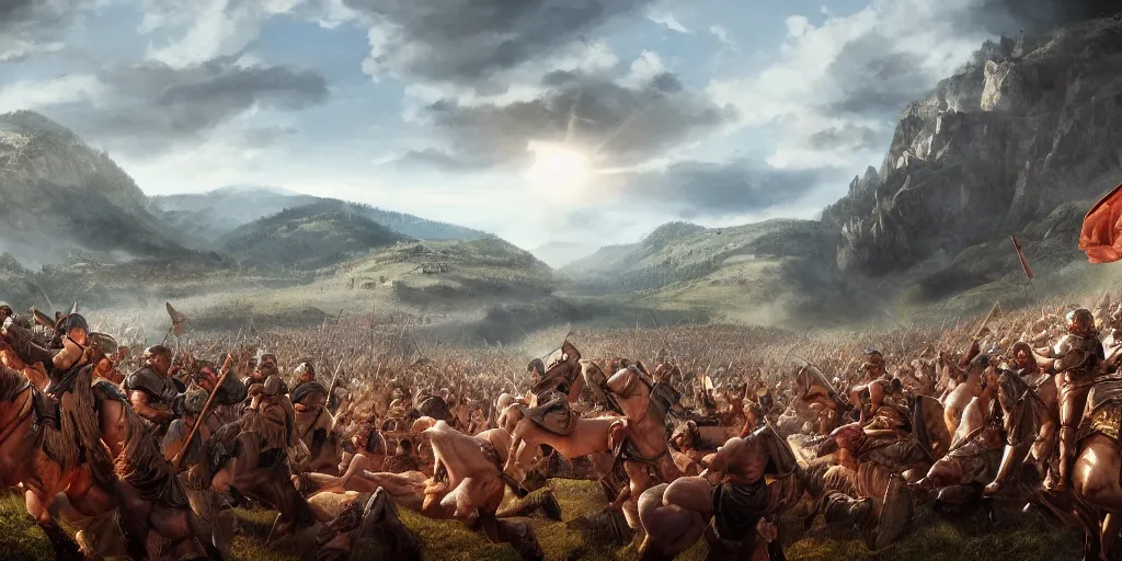 Prompt: Caesar leading roman legions over hills into battle, stunning lighting, beautiful scenery, digital painting, 4k