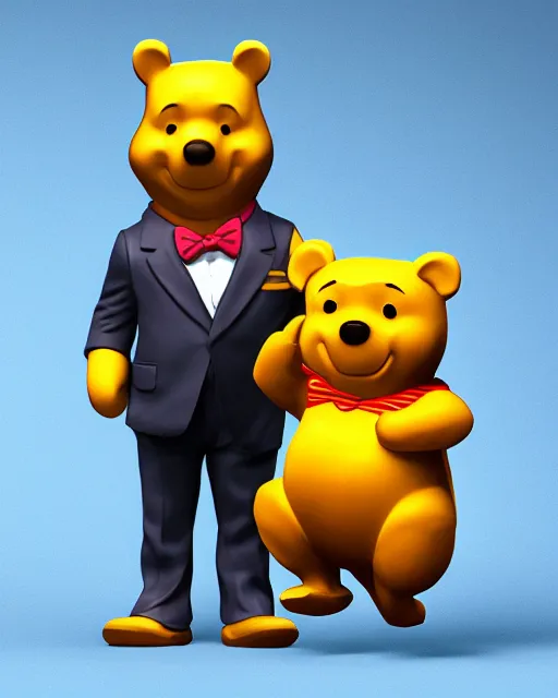 Image similar to full body 3d render of winnie-the-pooh wearing a suit as a funko pop, studio lighting, white background, blender, trending on artstation, 8k, highly detailed