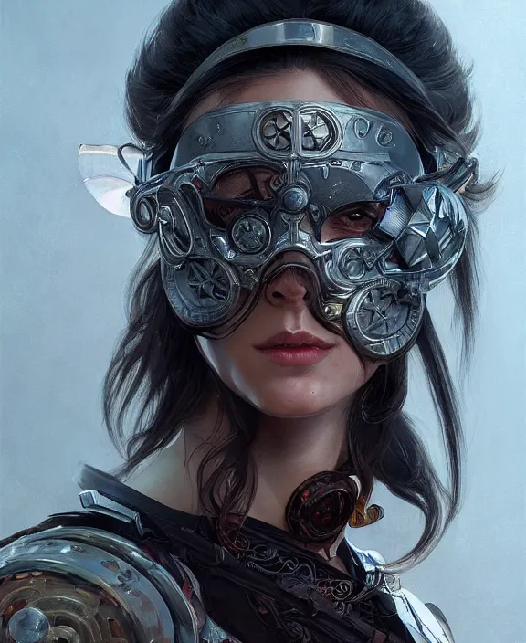 Image similar to portrait of a cyberpunk masked warrior, half body, d & d, fantasy, intricate, elegant, highly detailed, digital painting, artstation, concept art, art by artgerm and greg rutkowski and alphonse mucha