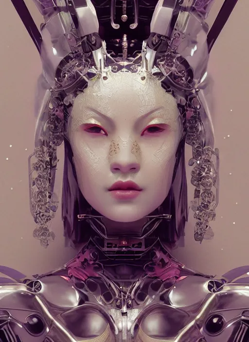 Image similar to portrait of a sensual futuristic geisha cyborg, led lights, modern fine art, fractal, intricate ornaments, elegant, highly detailed, digital photography, subsurface scattering, by jheronimus bosch and greg rutkowski,