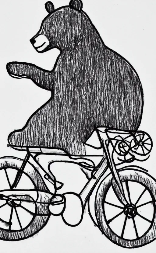 Prompt: sketch drawing of a bear riding a bicycle