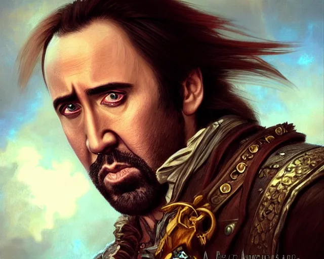 Image similar to nicolas cage as a pirate, deep focus, d & d, fantasy, intricate, elegant, highly detailed, digital painting, artstation, concept art, matte, sharp focus, illustration, hearthstone, art by artgerm and greg rutkowski and alphonse mucha
