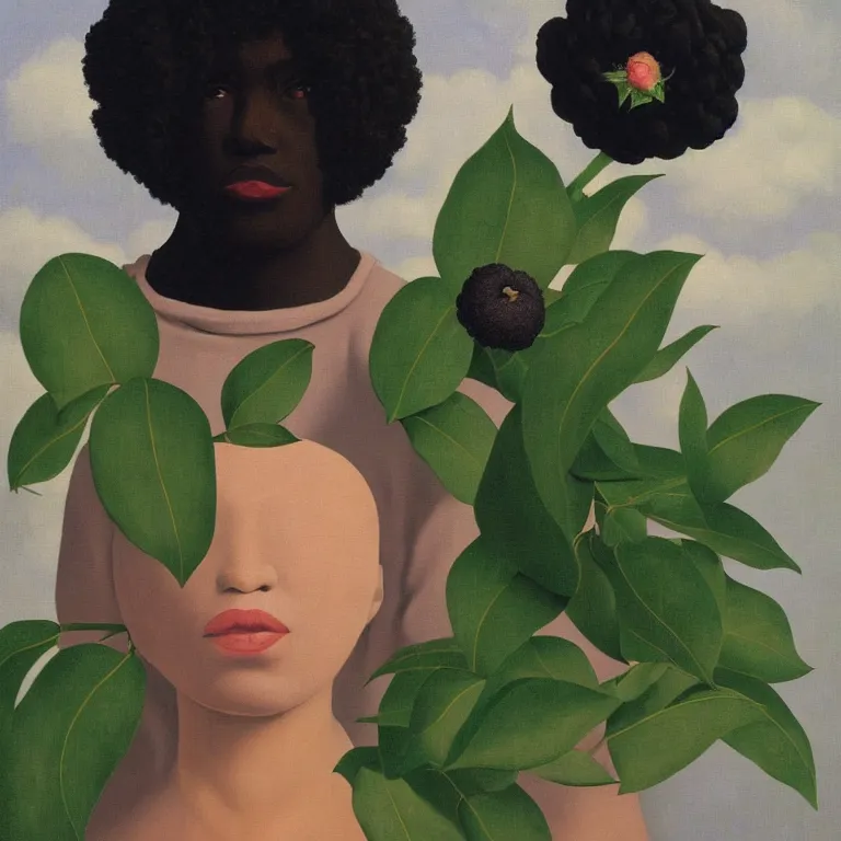 Image similar to portrait of a faceless lavender and camellia flower - head black woman by rene magritte, detailed painting, distance, centered, hd, hq, high resolution, high detail, 4 k, 8 k