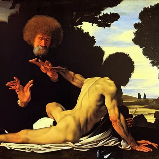 Prompt: the death of bob ross, by caravaggio,