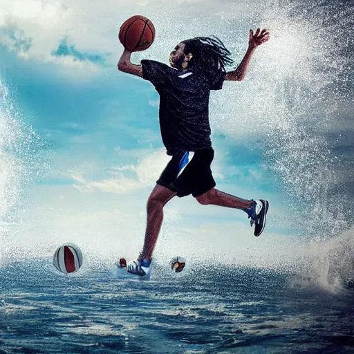 Prompt: A photo of jesus playing basketball while running on water in heaven.