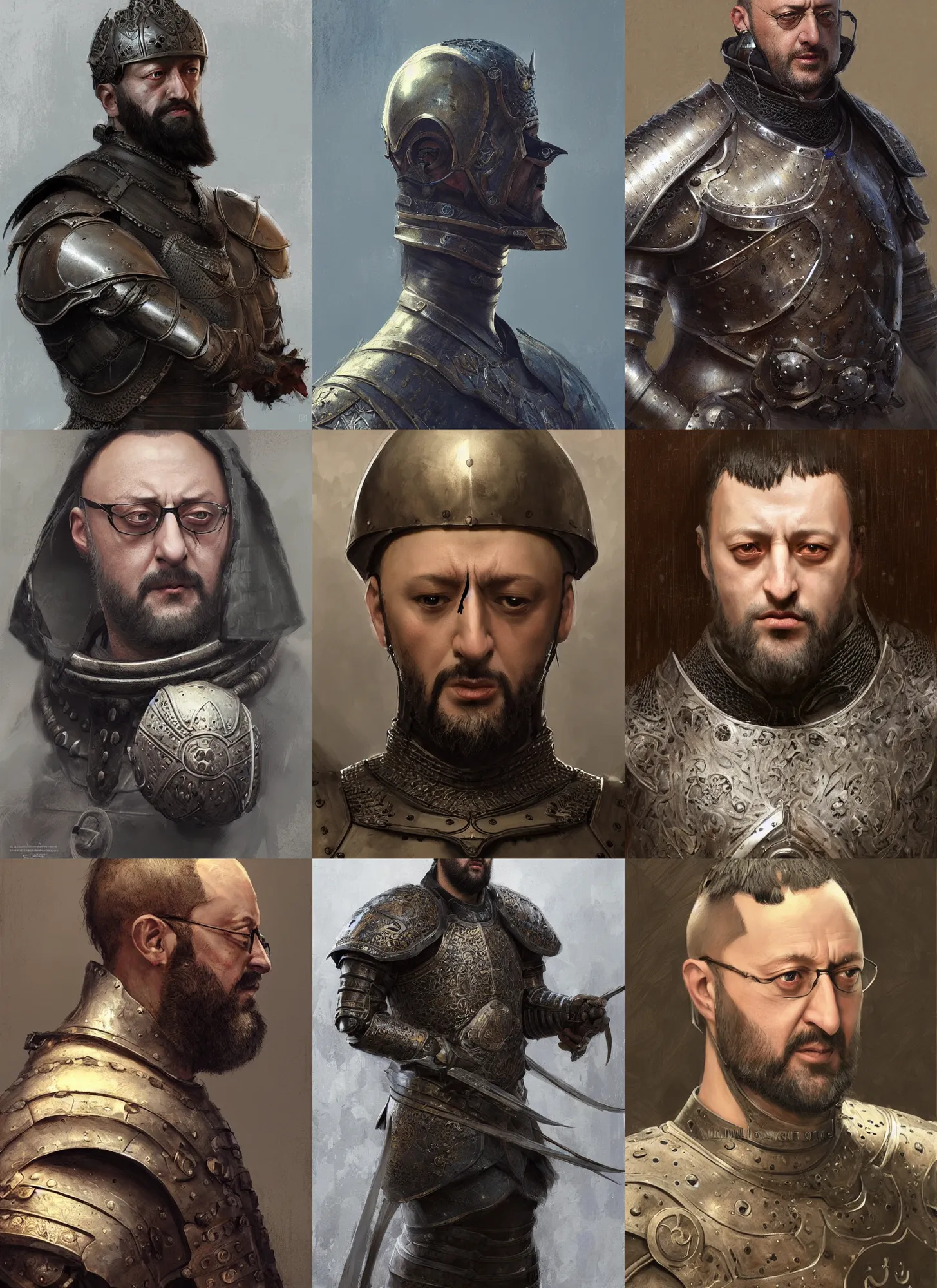 Prompt: jean reno portrait medieval armor, bowl haircut, dark, intricate, highly detailed, artstation, digital illustration, ruan jia, mandy jurgens, rutkowski