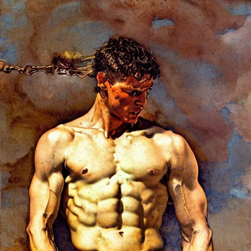 Prompt: Ripped Physique Tragic Portrait of Phaethon the Roman Demigod Son of Helios losing control of the reins of the chariot chariot that is the sun careening through the zodiac filled stratosphere. norman rockwell guillem h. poniluppi howard pyle Ilya Repin Michelangelo Buonarotti Leonardo Da Vinci rodin greg rutkowski james gurney. tombow masterpiece fresco watercolor grisaille Trompe-lœil