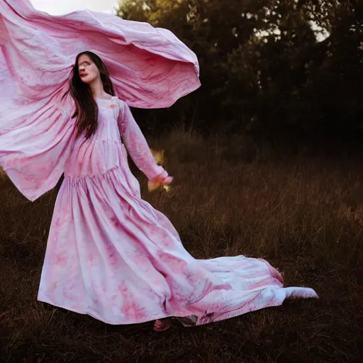 Image similar to a wonderful queen dressed with a large soft and decorate majestic roses cotton dress that is running in the wind, dramatic light, octane--8k