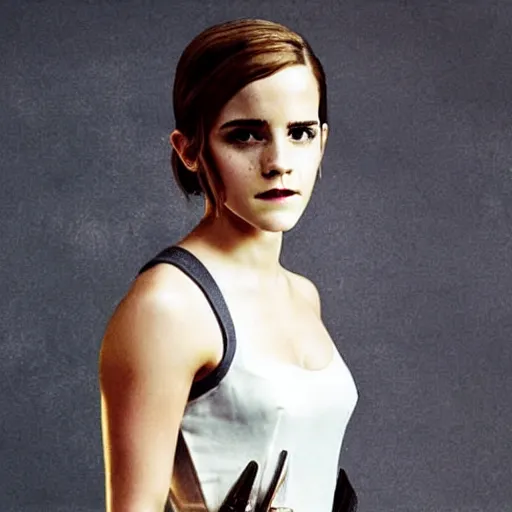 Image similar to emma watson in hunger games, full body shot, highly - detailed, sharp focus, award - winning