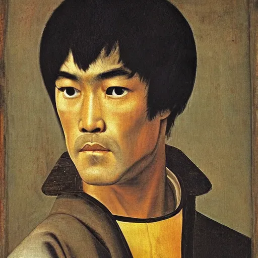 Prompt: portrait of Bruce Lee by Hieronymus Bosch, masterpiece of 16th century, epic, highly detailed