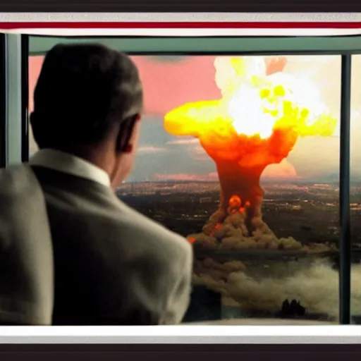 Prompt: Mr. House looks at the nuclear explosion from the window of the Lucky 38 Casino and smokes a cigar; ultra HD, realistic, retro, 45mm, elegant