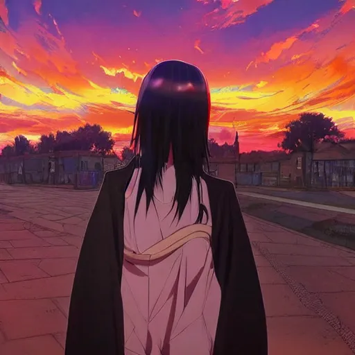 Image similar to 1 7 - year - old anime goth girl, black hair, long bob cut, long bangs, gothic coat, golden hour, partly cloudy sky, red clouds, orange sky, old town, strong lighting, strong shadows, vivid hues, ultra - realistic, sharp details, subsurface scattering, intricate details, hd anime, 2 0 1 9 anime