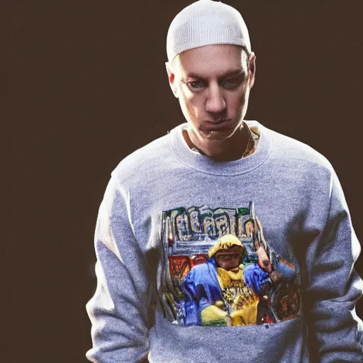 Image similar to eminem wearing a spaghetti sweater. High detail, dramatic lighting, film grain,