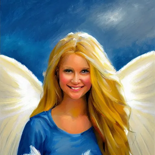 Prompt: a painting of an angel, a young woman with long blond hair and a halo smiling in heaven, steve henderson