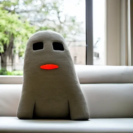 Prompt: moai plushy toy on a couch, ambient light