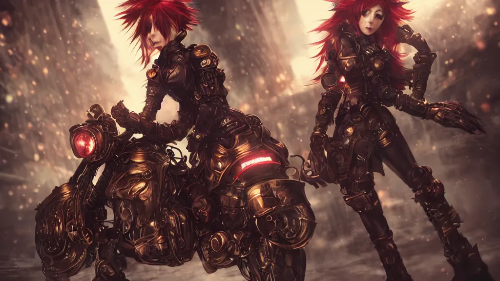 Image similar to cosplay red haired, female character, light armour, skirt, riding steampunk motorcycle, in fantasy sci - fi city, night time, city lights, motion blur, final fantasy, cinematic, realistic, stylised, unreal engine, lumen, realistic, artgerm