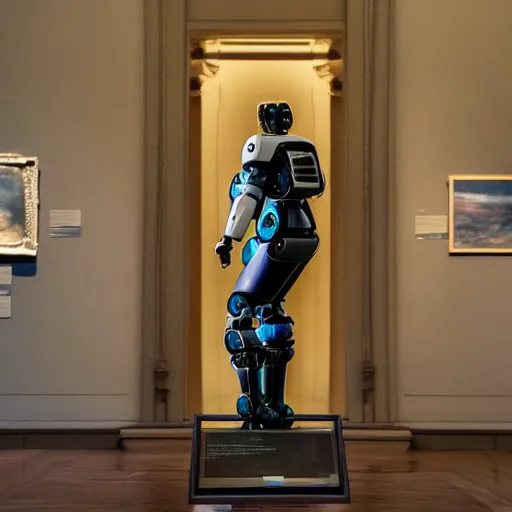 Prompt: a professional photo of a futuristic cool beautiful robot with a camera in a museum full of classical oil paintings.