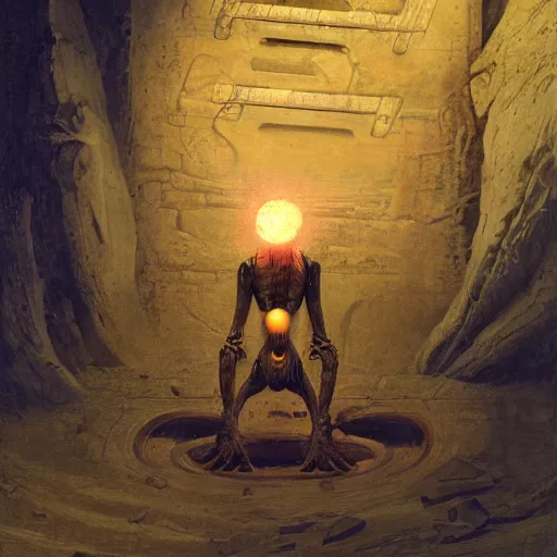 Image similar to ancient technology artifact, with glowing parts, by barlowe, wayne