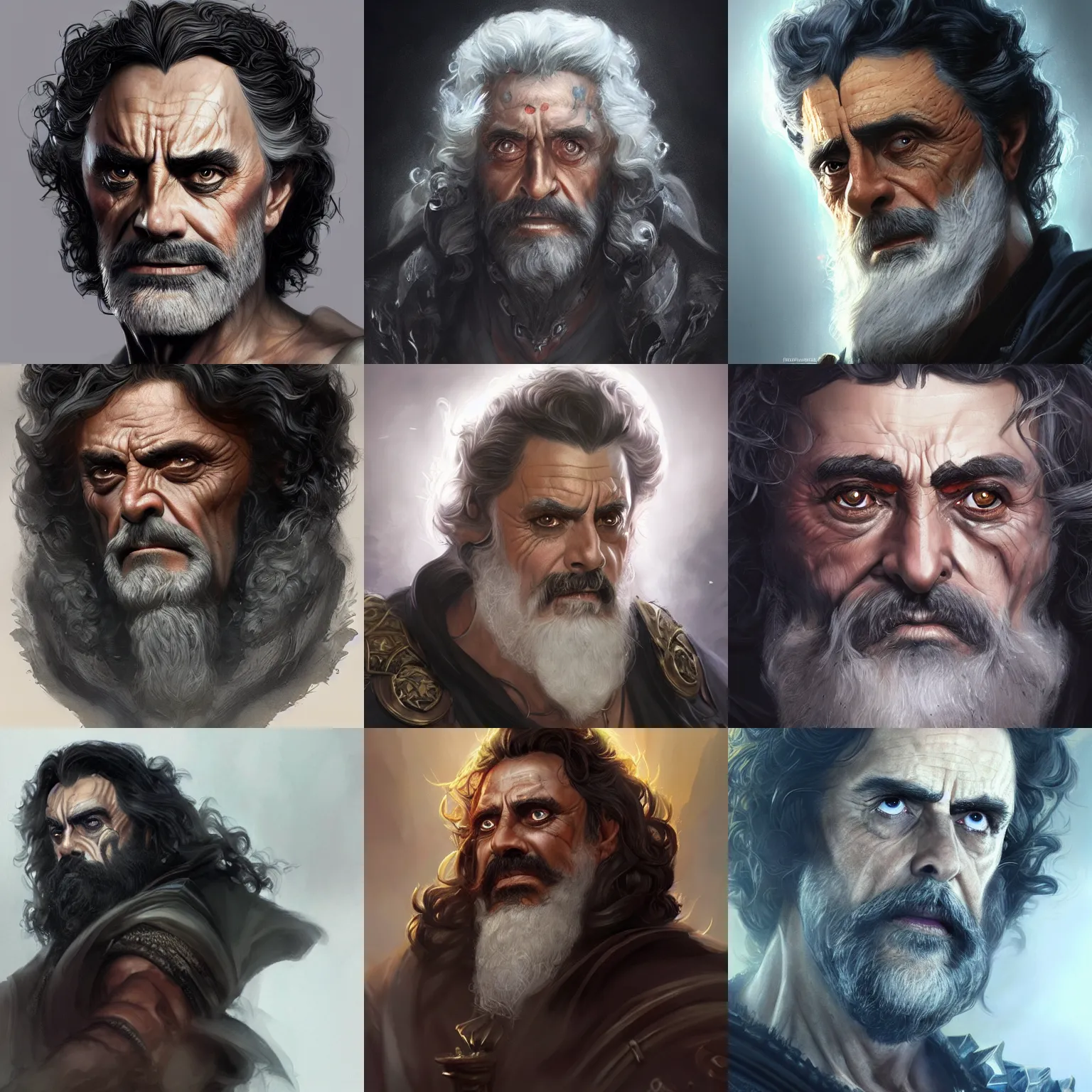 Prompt: hades, ian mcshane, curly black beard, d & d, fantasy, portrait, highly detailed, digital painting, trending on artstation, concept art, sharp focus, illustration, art by artgerm and greg rutkowski and magali villeneuve