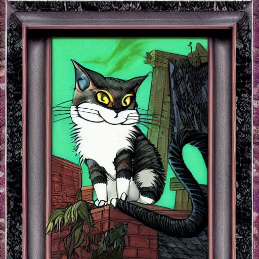 Image similar to vampire cat, inside a frame on a tiled wall, frontal picture, by yoichi hatakenaka, masamune shirow, josan gonzales and dan mumford