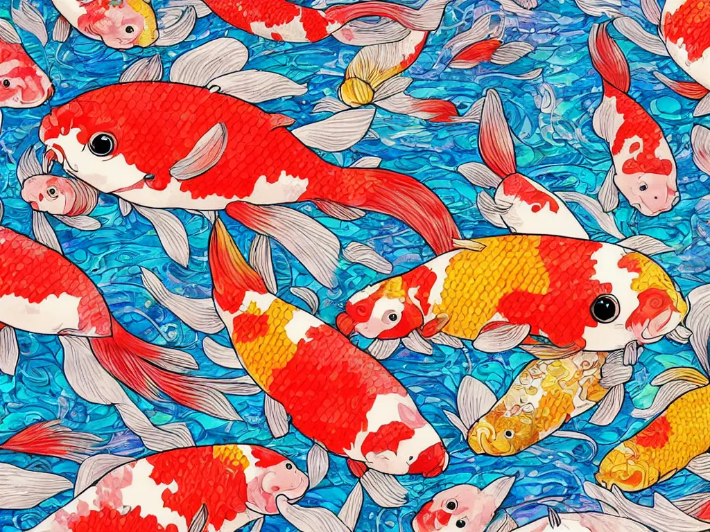 Image similar to colorful koi carp collage illustration pattern, tiny, small, miniature, short, cute and adorable, digital painting, highly detailed, intricate, elegant, artstation, concept art, colorful, beautiful, studio ghibli, aoshima chiho, takashi murakami, manga, cute and adorable