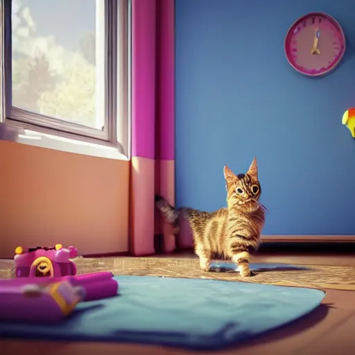 Image similar to eye - level view, in a child's bedroom filled with toys there is a bed under a window with a colorful bedspread. a super cute maine coon kitten runs and jumps and plays with cat toys on the bed. hilarious, funny, back to school comedy, cg animation, 3 d octane render, imax 7 0 mm,