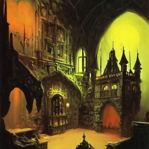 Prompt: an enchanted castle interior at night by frank frazetta