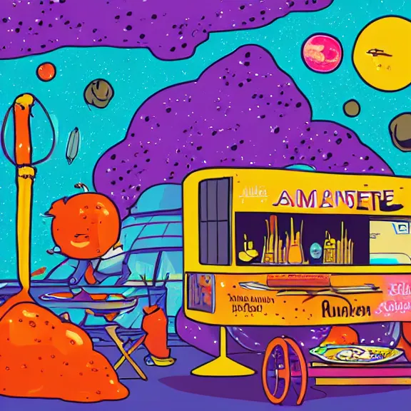 Prompt: a ramen foodcart on an asteroid at the end of the universe, aliens sitting on stools eating, cosmic and colorful, deep colors and bold strokes, digital drawing