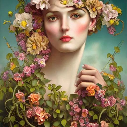 Image similar to dynamic composition, blonde woman with hair of spring flowers and vines wearing ornate earrings, ornate gilded details, pastel colors, a surrealist painting by tom bagshaw and jacek yerga and tamara de lempicka and jesse king, wiccan, pre - raphaelite, featured on cgsociety, pop surrealism, surrealist, dramatic lighting