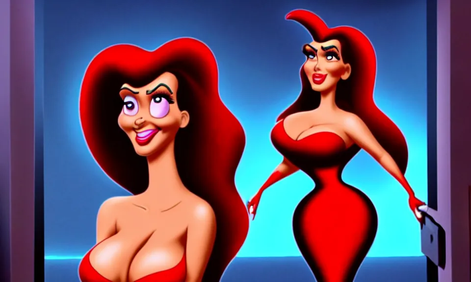 Image similar to epic professional digital art of kim kardashian as jessica rabbit in movie still from who framed roger rabbit, atmospheric lighting, foreboding, leesha hannigan, wayne haag, reyna rochin, ignacio fernandez rios, mark ryden, iris van herpen, artstation,