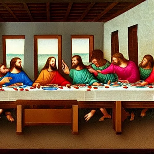 Prompt: the last supper but everyone has taco bell food on their plates