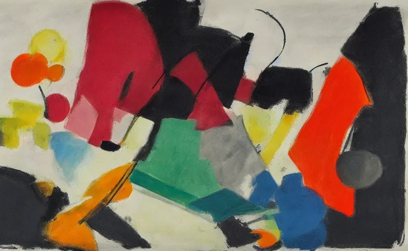 Image similar to minimal in the style of ivon hitchins. still life on a table. drawing on painting, brush marks. expressive abstraction.. in the style of john craxton