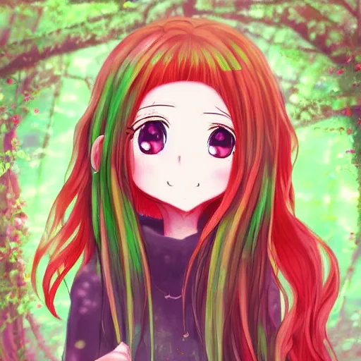 Image similar to anime infp girl with red hair and green eyes, with a bright smile, dreamy, very atmospheric, intricate, hyper detailed digital art