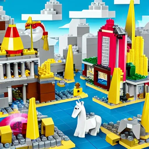 Image similar to unicorns drop giant blocks of cheese on lego city