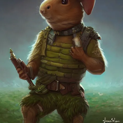 Image similar to cute little anthropomorphic Guinea Pig Soldier in city, tiny, small, short, Forest Camouflage outfit, cute and adorable, pretty, beautiful, DnD character art portrait, matte fantasy painting, DeviantArt Artstation, by Jason Felix by Steve Argyle by Tyler Jacobson by Peter Mohrbacher, cinematic lighting