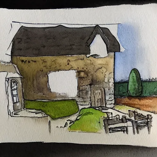 Prompt: a watercolor and ink painting of a cottage, drawn on white parchment paper