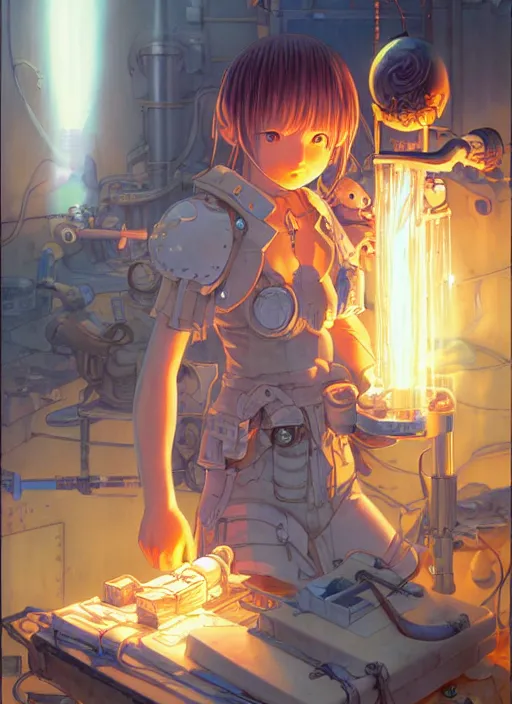 Image similar to prompt : ragnarok online portrait soft light painted by james jean and katsuhiro otomo and erik jones, inspired by akira anime, epic fantasy, a young tinker girl working on a device in her workshop, workshop in the background, intricate oil painting, high detail illustration, sharp high detail, manga and anime 1 9 9 9