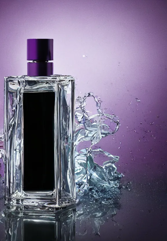 Image similar to close up shot of one premium perfume bottle containing purple liquid, the bottle is placed on a table, the bottle is in the middle of the scene ultra detail, commercial, designer product, cinematic lighting, hd artstation, symmetrical, rendered, 4k