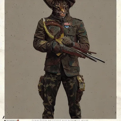 Prompt: Portrait figure study ripped physique kitty cat general camouflaged as a kitty cat man wearing a military officer uniform jean helion greg rutkowski Dan Witz norman rockwell victo ngai