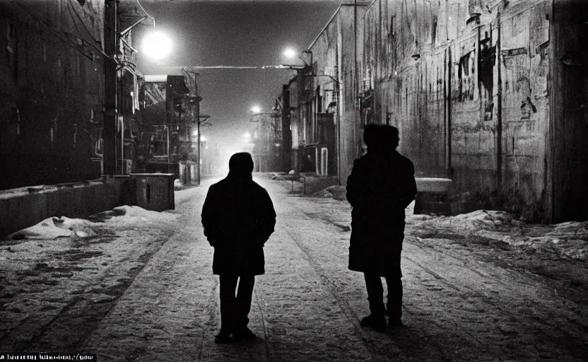 Prompt: In a city of Norilsk on the Moon, a Mysterious man is standing in the middle of a street photo by Trent Parke, bright lights, a city on the Moon