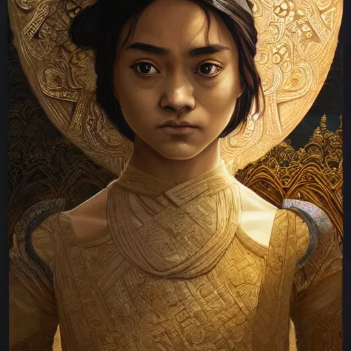 Image similar to ancient javanese arya stark, highly detailed, digital painting, artstation, concept art, smooth, sharp focus, illustration, ArtStation, art by artgerm and greg rutkowski and alphonse mucha and J. C. Leyendecker and Edmund Blair Leighton and Katsuhiro Otomo and Geof Darrow and Phil hale and Ashley wood and Ilya repin and Charlie Bowater