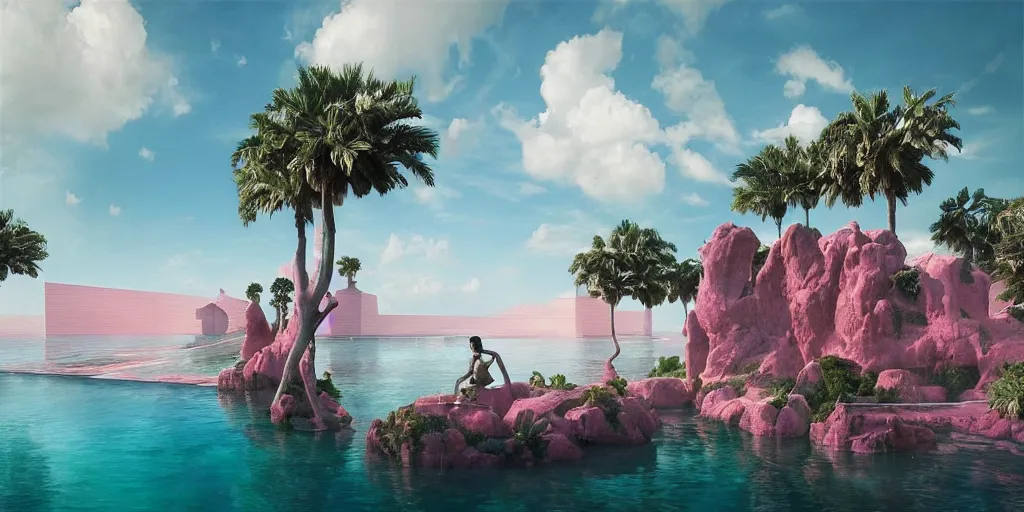 Image similar to artgem and greg rutkowski masterpiece, hyperrealistic surrealism, award winning masterpiece with incredible details, epic stunning, infinity pool, a surreal vaporwave liminal space, highly detailed, trending on ArtStation, calming, meditative, pink arches, palm trees, very vaporwave, very very surreal, sharp details, dreamscape, giant head statue ruins