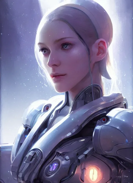 Image similar to close up pale woman in sci - fi bionic armor, looking at the camera very intensely, stoic, sparkling eyes, extremely beautiful and aesthetic and attractive detailed face and body, intricate, chiaroscuro, model pose, fantasy illustrations, light novel cover art, by makoto shinkai and jeremy lipking and ferdinand knab