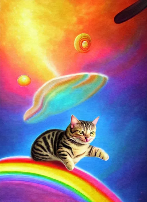 Prompt: a chubby tabby cat surfing on a rainbow in outer space, diffuse lighting, fantasy, intricate, surrealism!!!!, highly detailed, lifelike, photorealistic, digital painting, artstation, illustration, concept art, smooth, sharp focus,