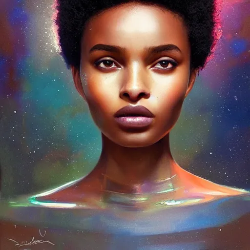 Prompt: ! dream electric yara shahidi, afrofuturism, cute - fine - face, pretty face, oil slick hair, realistic shaded perfect face, extremely fine details, realistic shaded lighting, dynamic background, oil painting, by greg rutkowski