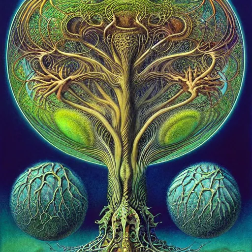 Image similar to tree of life by roger dean and andrew ferez, art forms of nature by ernst haeckel, divine chaos engine, symbolist, visionary, art nouveau, organic fractal structures, surreality, detailed, realistic, ultrasharp