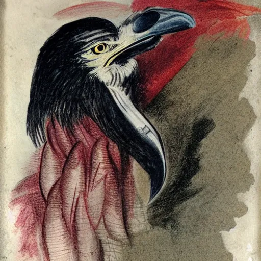 Prompt: human / eagle hybrid with one big beak, drawn by francis bacon