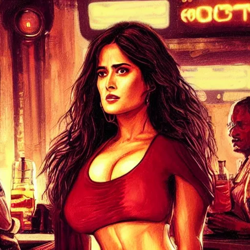 Prompt: salma hayek in a cyberpunk city bar, perfect proportions, beautiful face, perfect eyes, real life colors, elegant, sharp focus, hyper - realistic, 4 k, highly detailed, hd, dramatic lighting by brom